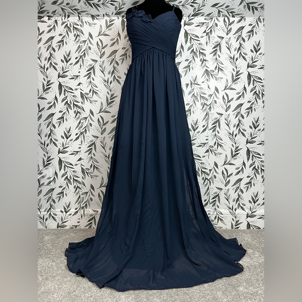 Elegant Navy Blue Evening Gown Bridesmaid Wedding Gala Sz S 6 Maxi NWT #C Plated